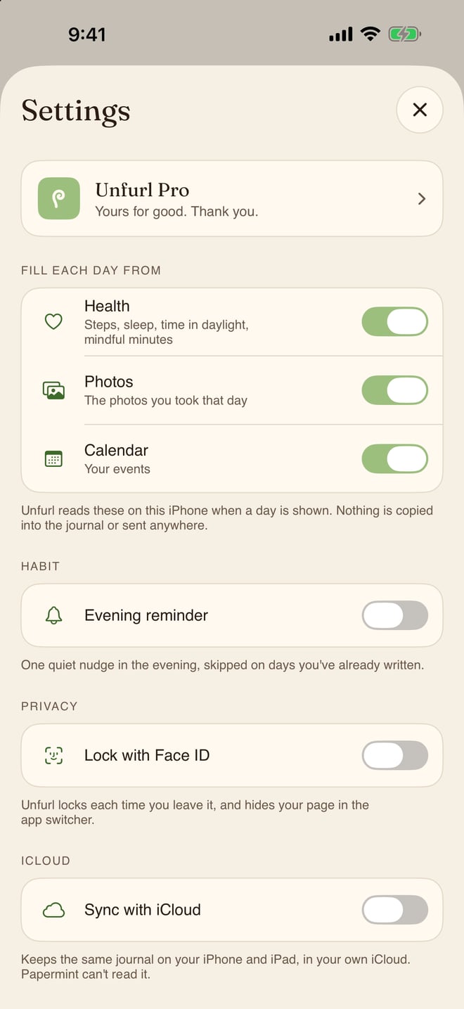 Settings: Unfurl Pro, then Fill each day from Health, Photos and Calendar, and the evening reminder.