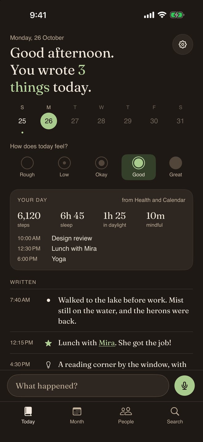 The Today page in the dark look: the same day, its lines and the write bar, on warm black.