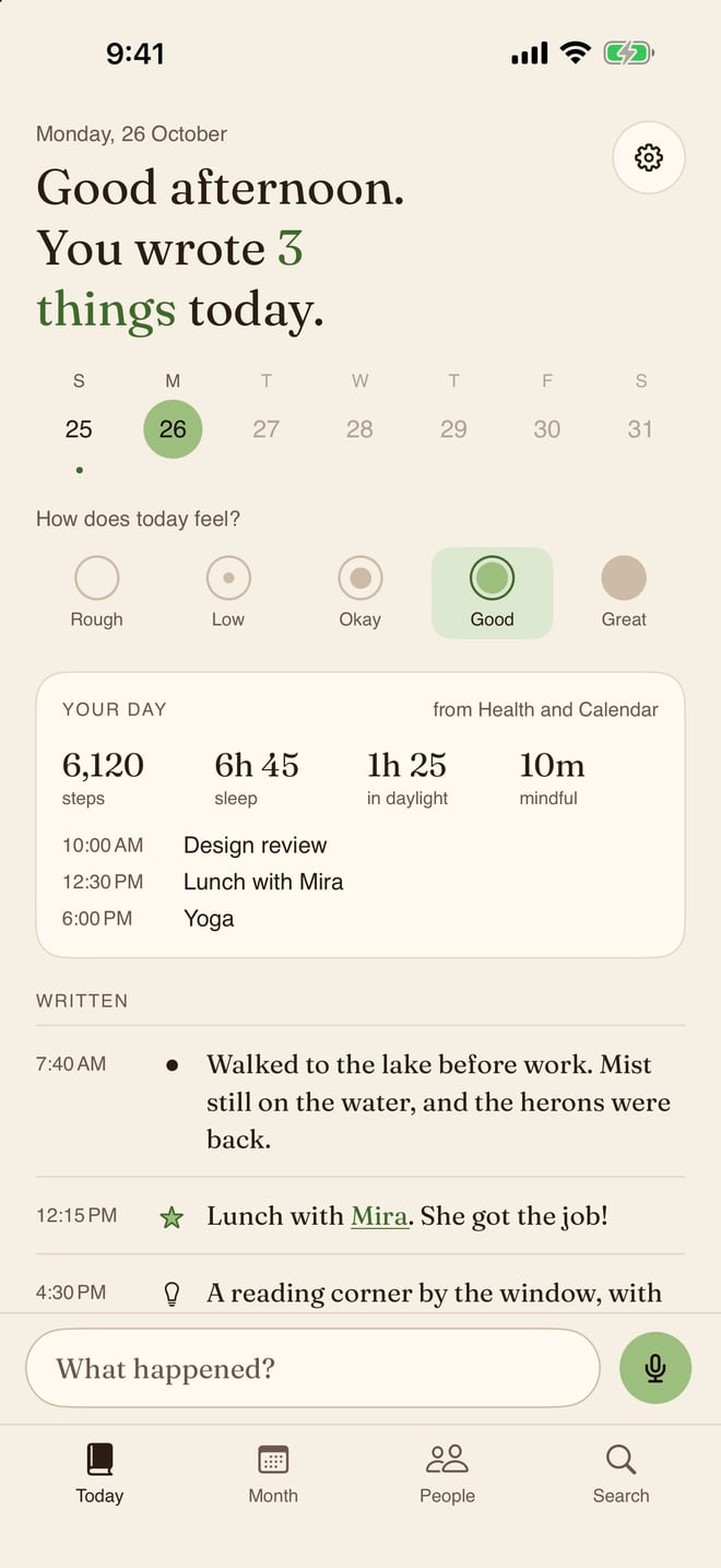 Unfurl's Today page: the week strip, the mood picker, the Your day card with steps, sleep, daylight, mindful minutes and events, and the day's lines, with lunch with @Mira as a highlight.