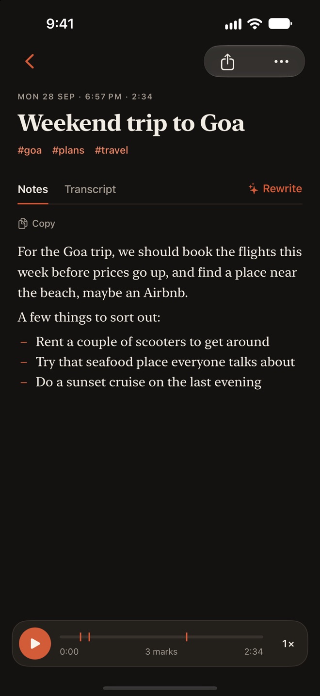 The note Weekend trip to Goa in dark mode: light text on a dark page, with ember tags, bullets and play button.