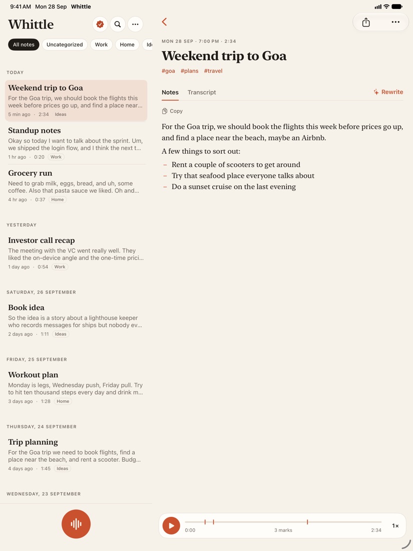 Whittle on iPad: the notes list with the notebook strip on the left, and the note Weekend trip to Goa open on the right with its tags, Notes and a player.