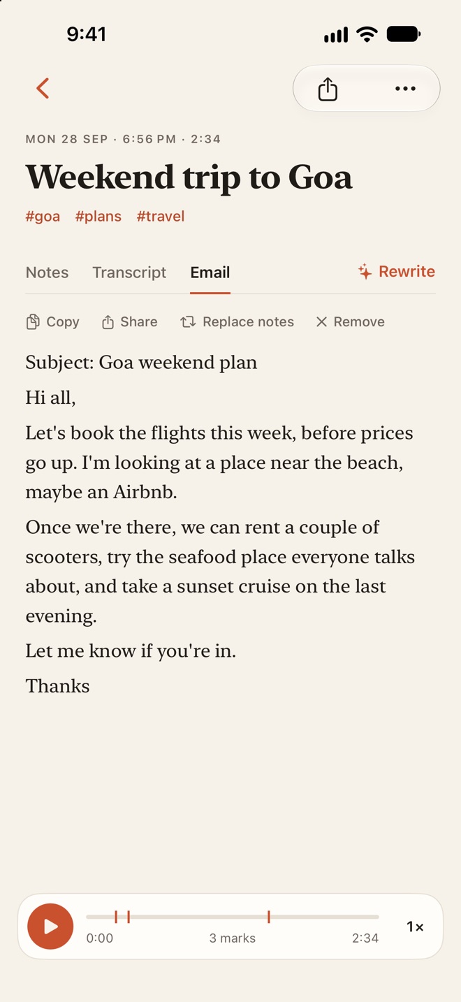 The same note rewritten as an email, in a third tab named Email next to Notes and Transcript, with Copy, Share, Replace notes and Remove above it.