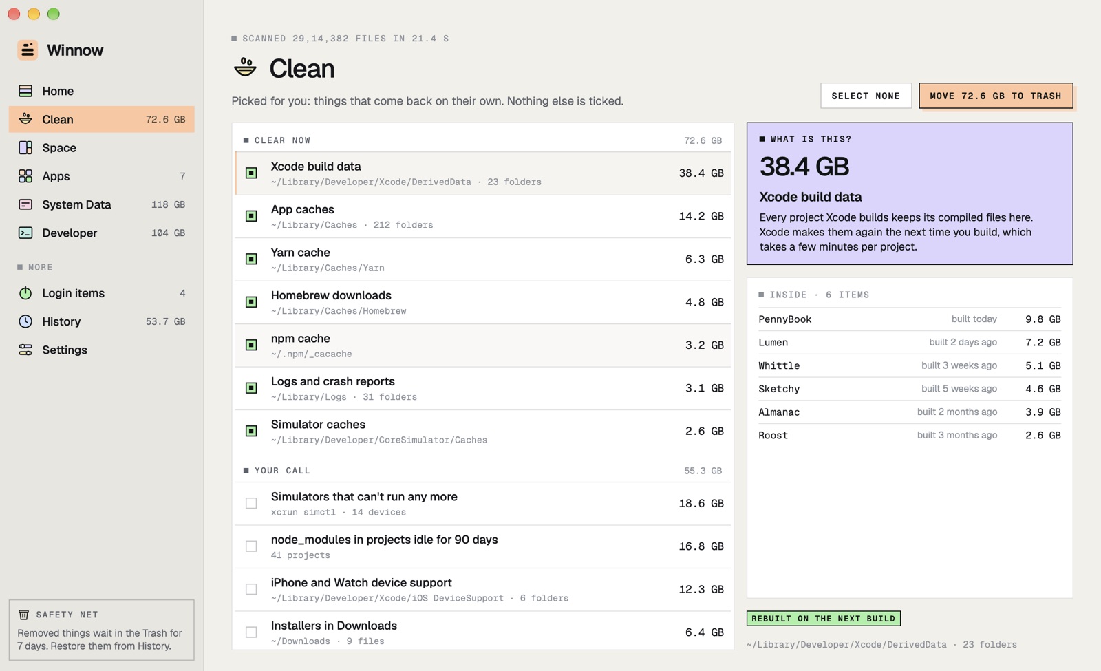 Winnow's Clean page with Xcode build data selected and a panel explaining what it is and which projects are inside