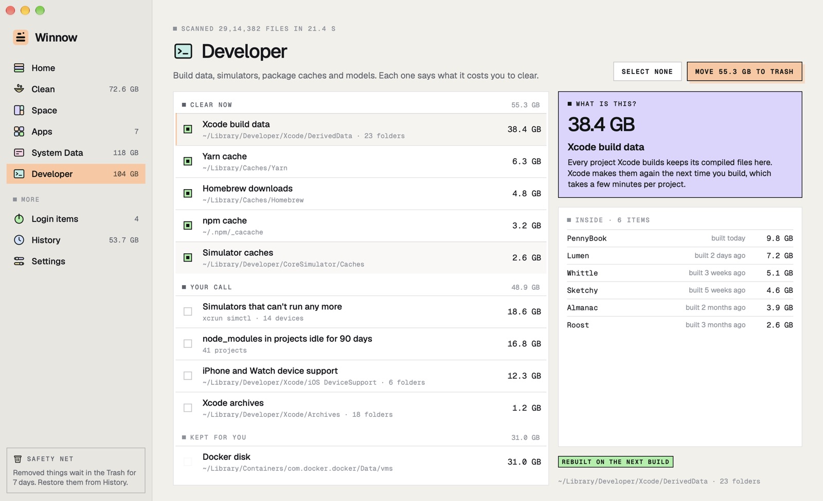Winnow's Developer page: Xcode build data, simulators, device support, npm, Yarn and Homebrew caches, and idle node_modules