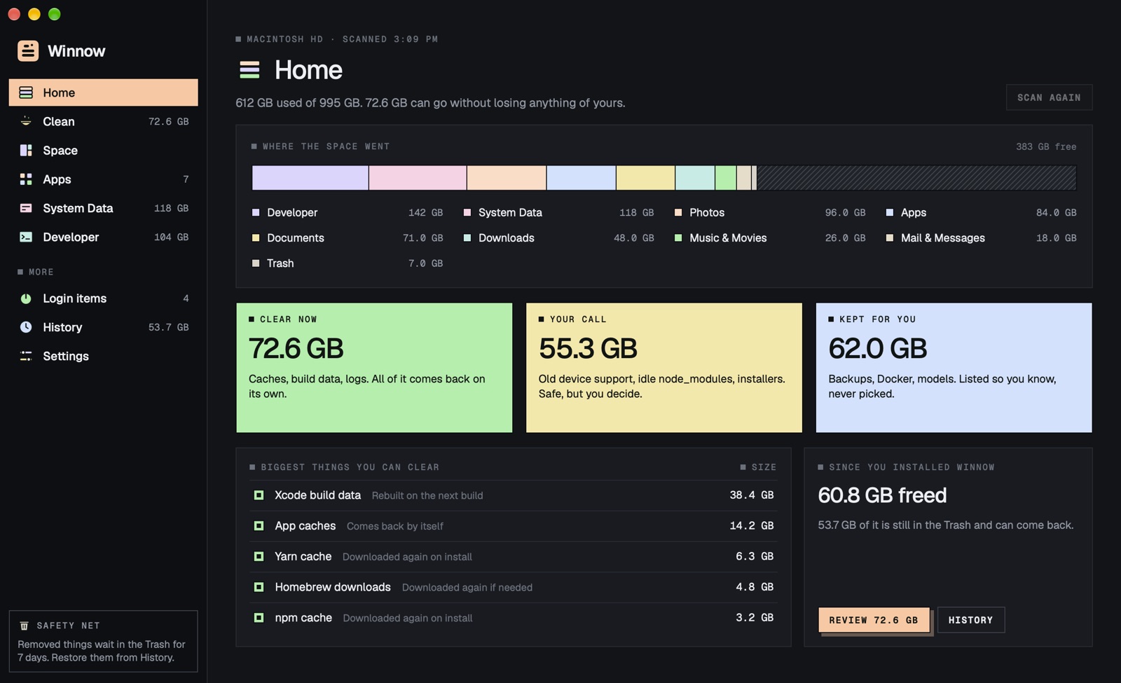 Winnow's Home in its dark theme, with the biggest things you can clear and how much has been freed so far