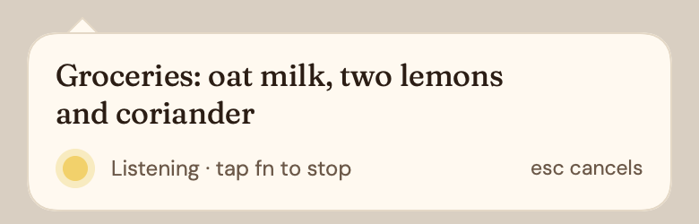 Wren's card in hands-free mode: "Groceries: oat milk, two lemons and coriander", Listening · tap fn to stop
