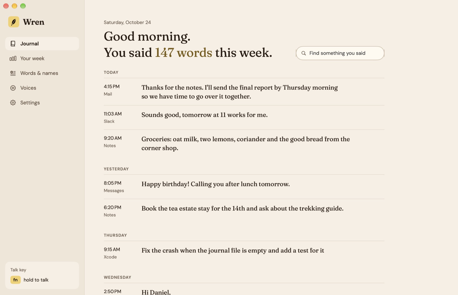 Wren's Journal: what was said today and on earlier days, each with the time and the app