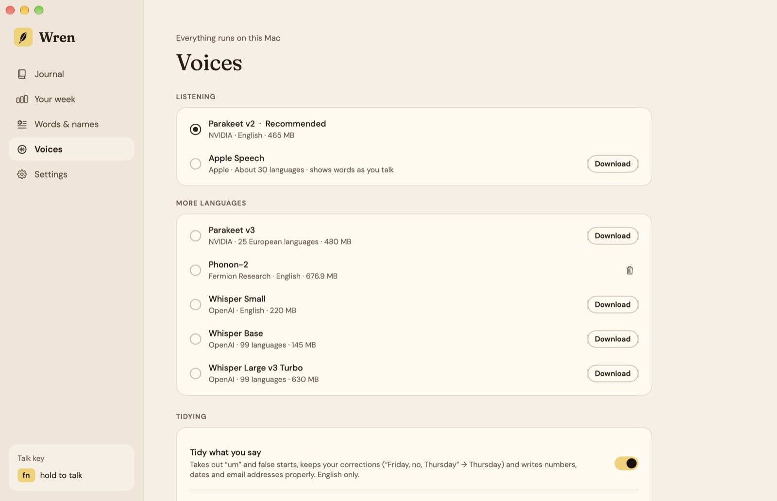 Wren's Voices page: Parakeet v2 picked and recommended, Apple Speech, and more languages with Parakeet v3, Phonon-2 and three Whisper models